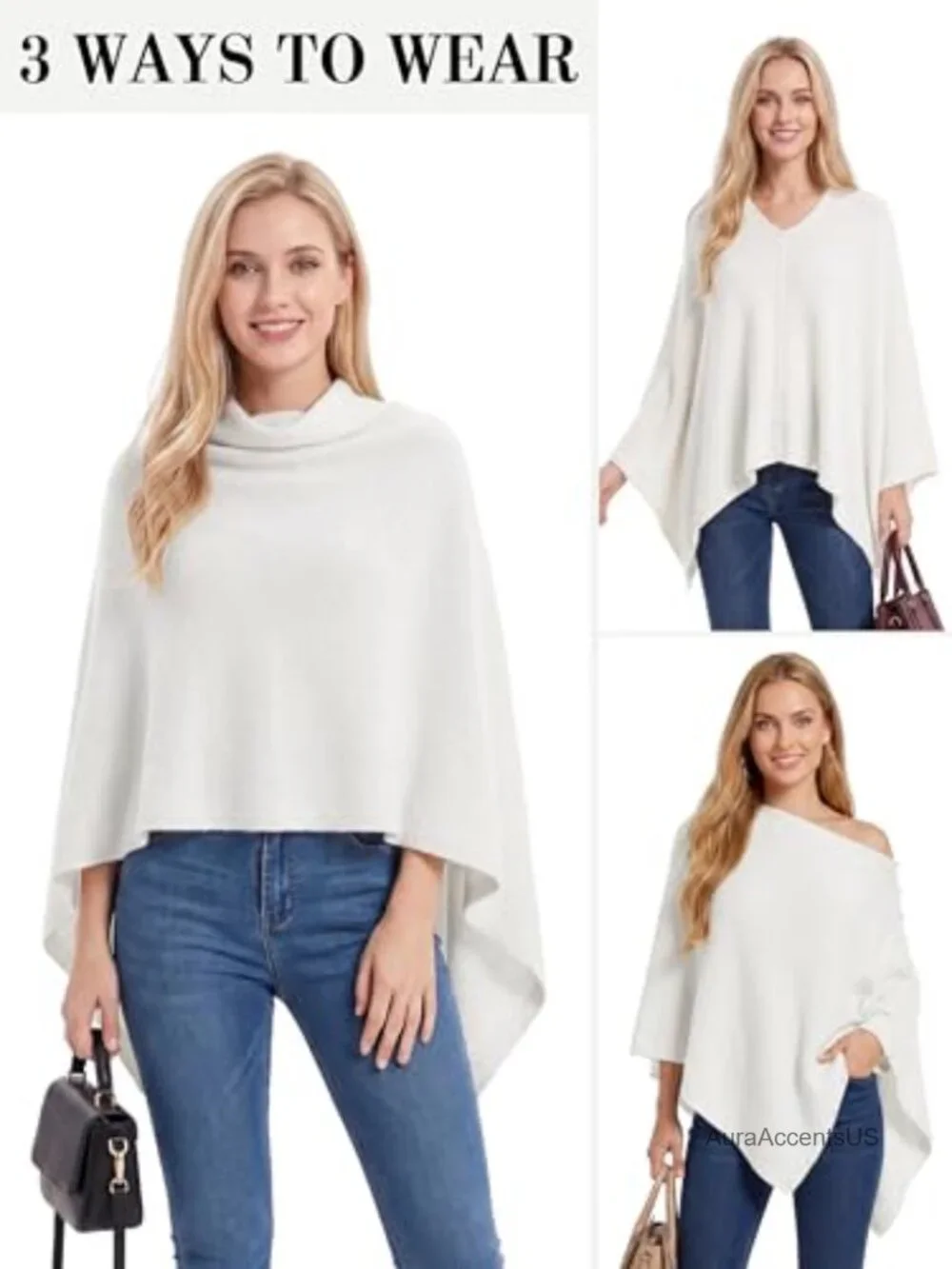 Womens Knitted Poncho Shawl Pearl Trim Lightweight Cape